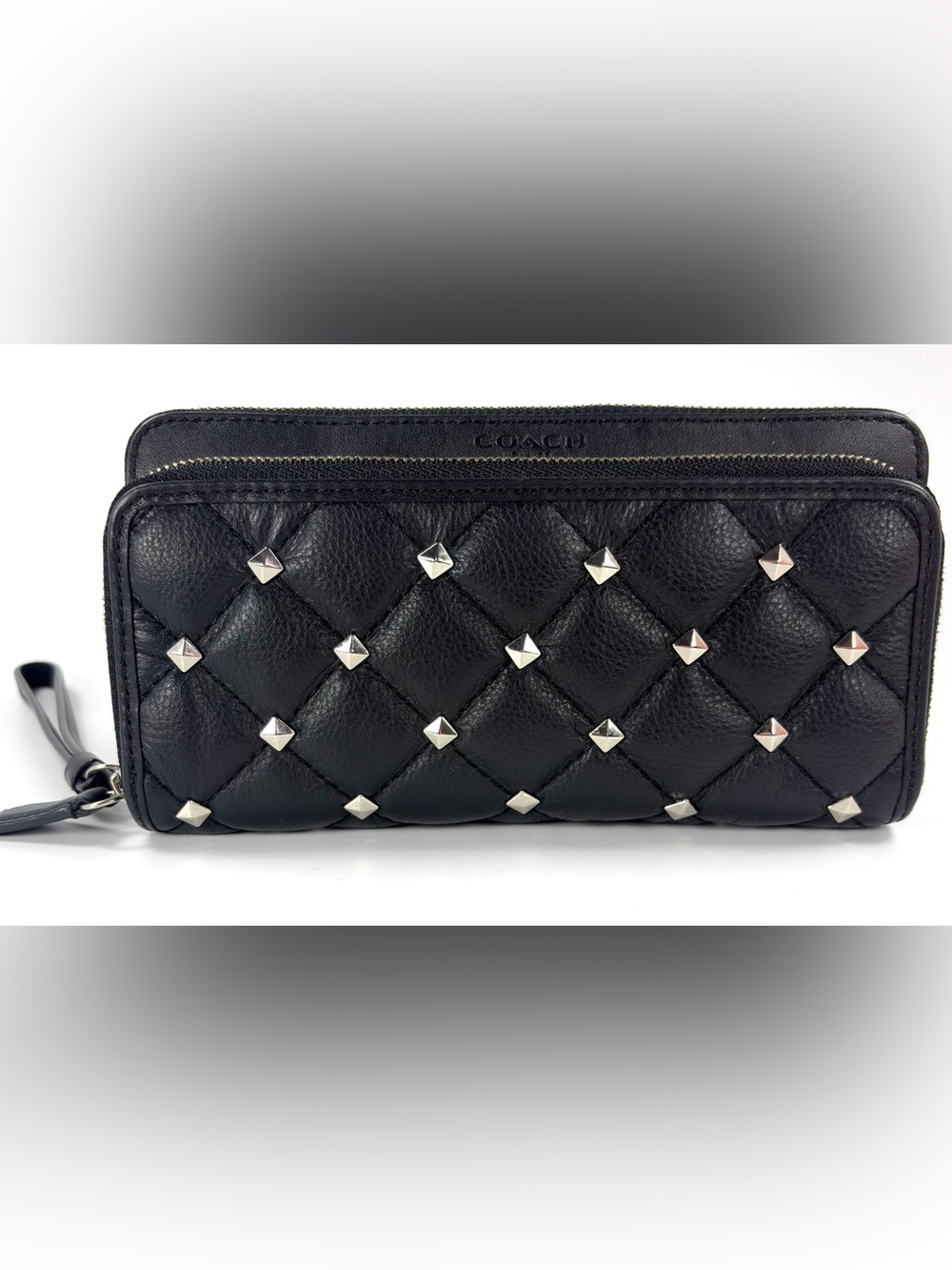 Coach Black Quilted Leather Studded Double Zip Wristlet Wallet Phone Clutch